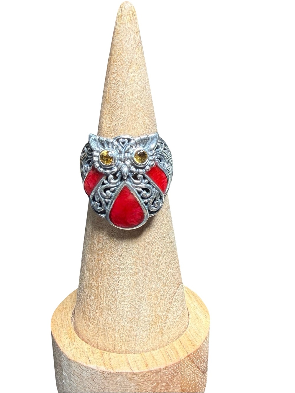 Samuel B. Red & Silver Owl Ring with Yellow Eyes